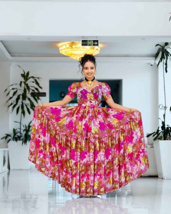 5783053338583698306-1.jpg Elegant Habesha ሽፎን Chiffon Dress for Women – Traditional Ethiopian & Eritrean Fashion with Modern Floral Design