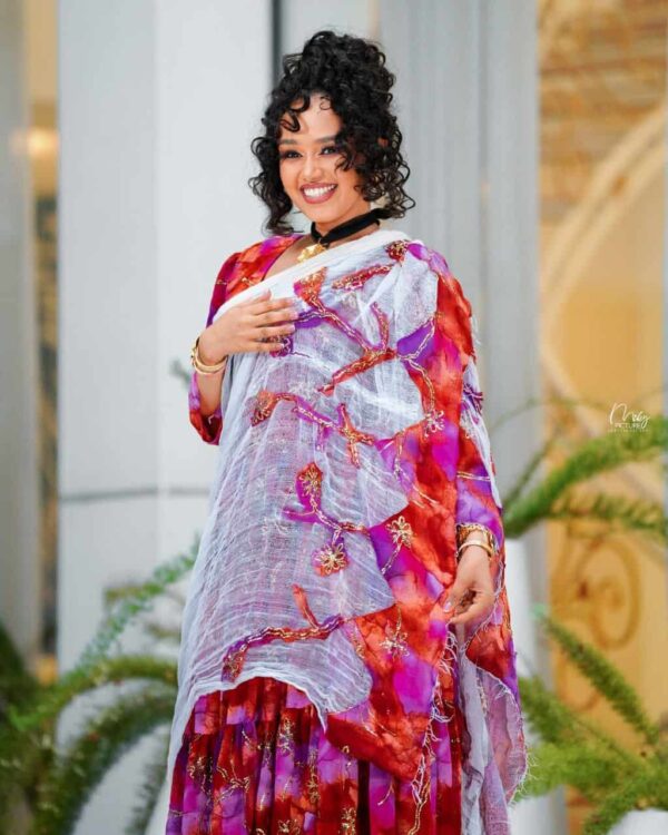New Vibrant Marbled Ethiopian Chiffon Kemis Chiffon Habesha Dresses | Fidel Markato