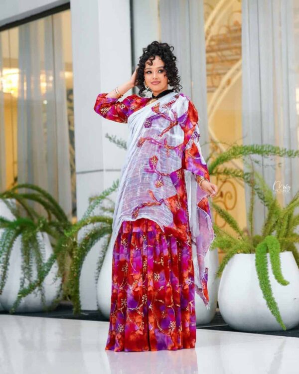 New Vibrant Marbled Ethiopian Chiffon Kemis Chiffon Habesha Dresses | Fidel Markato