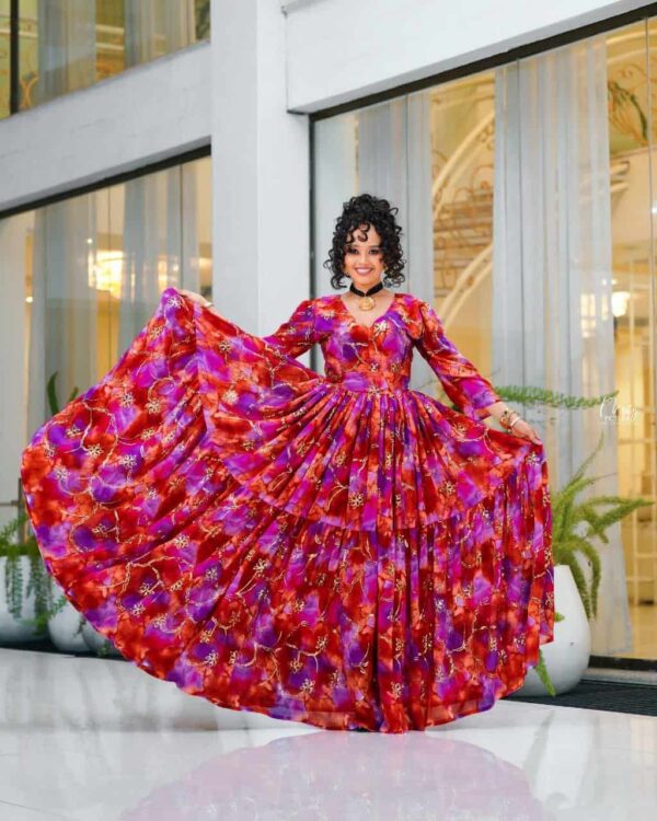 New Vibrant Marbled Ethiopian Chiffon Kemis Chiffon Habesha Dresses | Fidel Markato